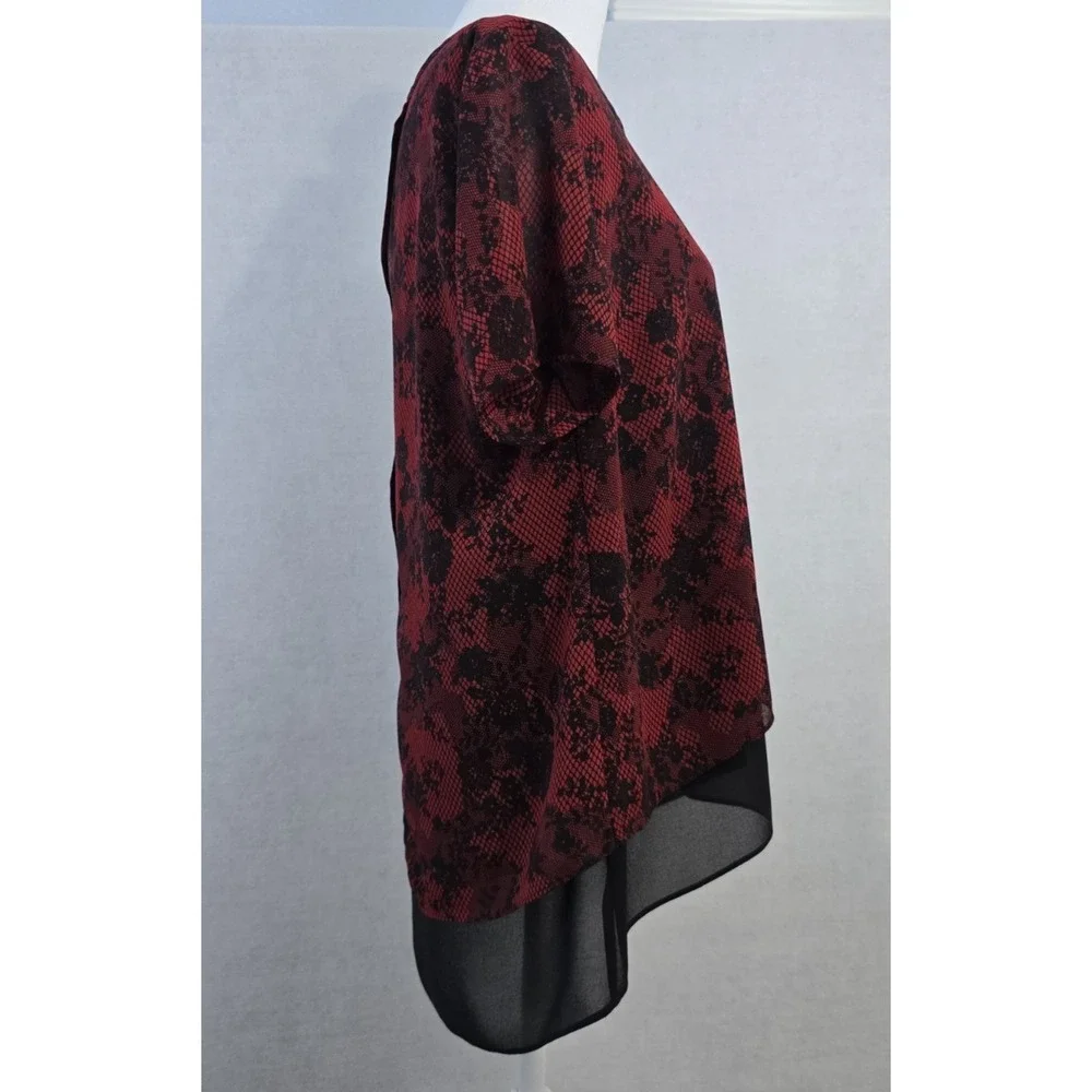 Michael Kors Layered Chiffon Blouse Womens PL Red Black Floral Mesh Split Back